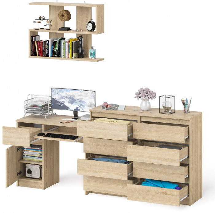 Мори компьютерный стол МС-1 левый + Комод МК1200.8 + Полка 900, дуб сонома