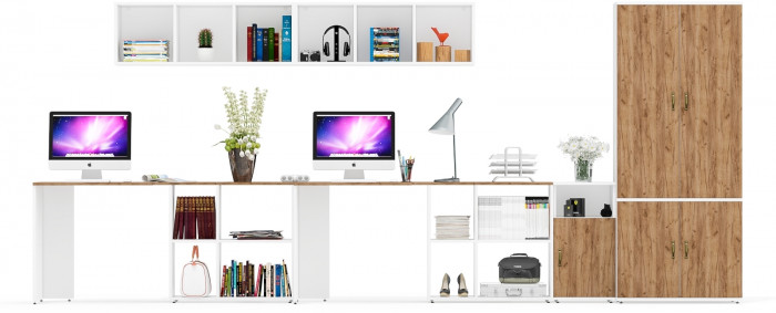 Лидер-8 Стол + Полка + Стол + Полка + Шкаф МД 20Б + Тумба МД 3.19, цвет белый шагрень/крафт золото, 450х50х75/190 или 230х200/50х75/190, НЕ ун. сб.