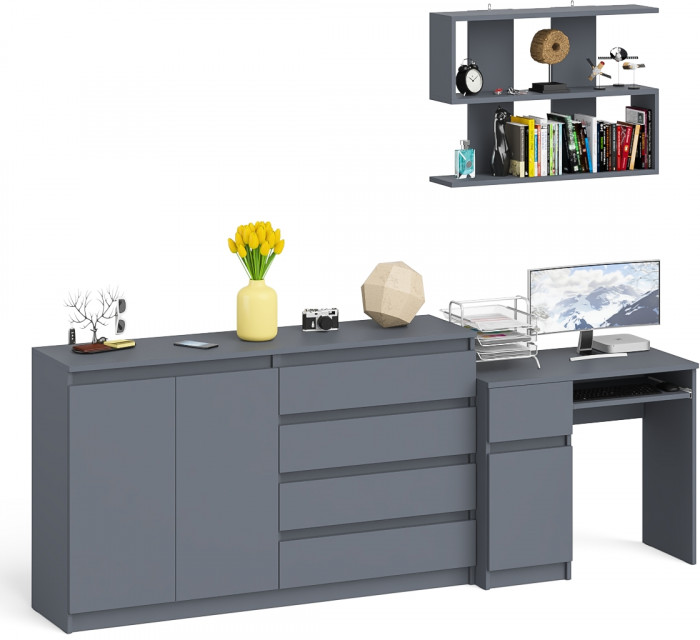Мори Стол компьютерный МС-1 левый + Комод МК1600.1 + Полка 900, цвет графит, ШхГхВ 250,4х50х209,6 см., НЕ универсальная сборка