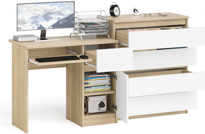 Мори Стол компьютерный МС-1 правый + Комод МК800.4, цвет дуб сонома/белый, ШхГхВ 170,4х50х94 см., выдвижной ящик справа, НЕ универсальная сборка