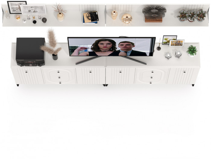 Валенсия Гостиная № 090, цвет ЛДСП белый шагрень/МДФ белый шагрень, ШхГхВ 266,3х38,4х205 см.