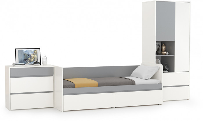 Торонто Компоновка № 21, цвет белый шагрень/стальной серый, ШхГхВ 354х84,4х195,7 см., сп. м. 800х1900 мм., б/м, основание есть, универсальная сборка