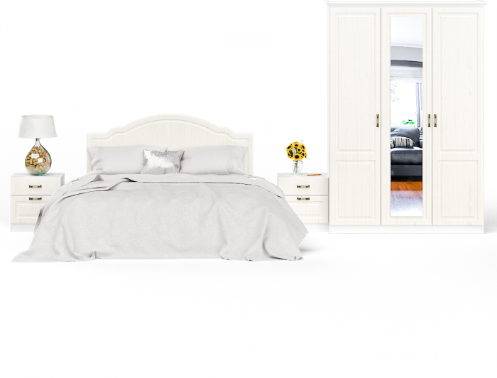 Ливерпуль Спальня № 1 Кровать 11.08ОСН + две Тумбы 08.146 + Шкаф 08.45Н + карниз, цвет ясень ваниль/белый, сп. м. 1600х2000 мм., б/м, ортопед есть