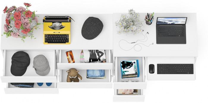 Мори Стол компьютерный МС-6 левый + Комод МК1200.6, цвет белый, ШхГхВ 210,4х50х76,6 см., выдвижные ящики слева, НЕ универсальная сборка