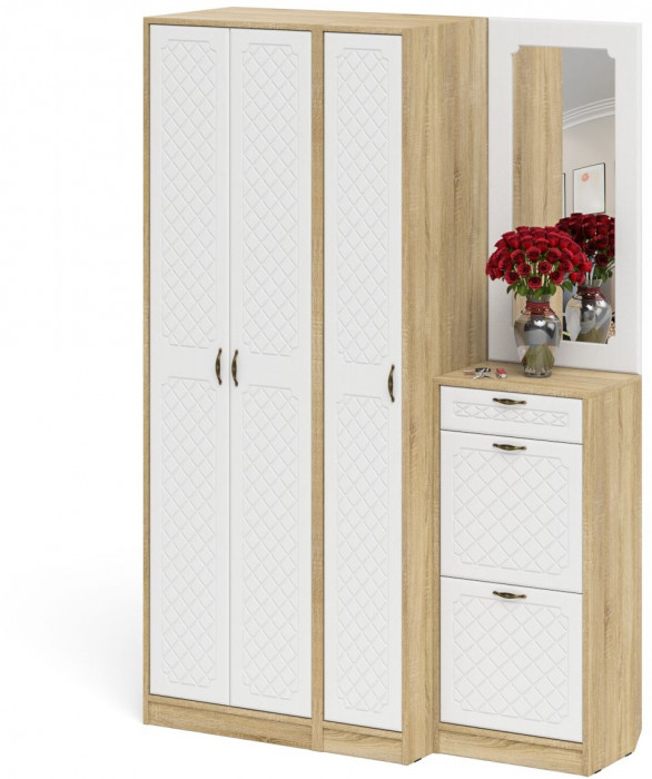 Прихожая П-6 Компоновка № 49, дуб сонома/фасады МДФ белое дерево фрезеровка ромб