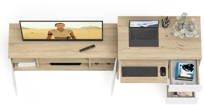 Мори компьютерный стол МС-6 правый + Тумба МТВ1200.1, дуб сонома/белый