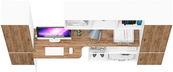 Лидер-8 Пенал МД 22Б + Стол + Полка + Пенал 21Б, цвет белый шагрень/крафт золото, ШхГхВ 245х50х75/190 или 155х120/50х75/190 см., НЕ универс. сборка