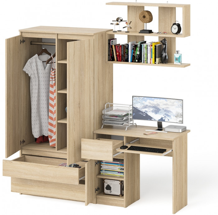 Мори Стол компьютерный МС-1 левый + Шкаф МШ900.1 + Полка 900, цвет дуб сонома, ШхГхВ 180,4х50,4х209,6 см., НЕ универсальная сборка