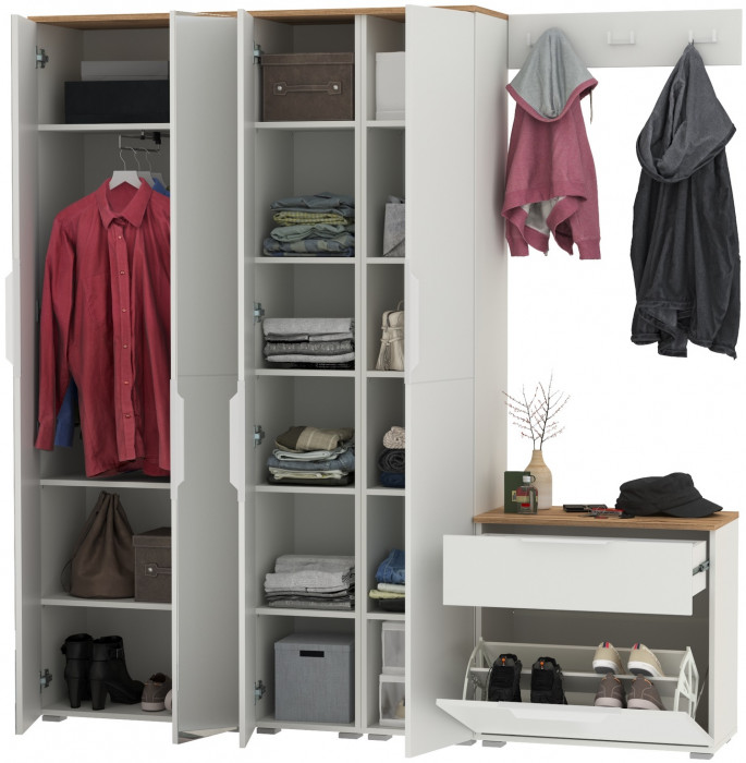 Октава Прихожая 30, цвет белый шагрень/дуб крафт золотой/фасады МДФ белый шагрень, ШхГхВ 193,7х35,4х197,6 см., универсальная сборка