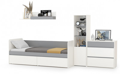 Торонто Компоновка № 22, цвет белый шагрень/стальной серый, ШхГхВ 314х84,4х149,7 см., сп. м. 800х1900 мм., б/м, основание есть, универсальная сборка