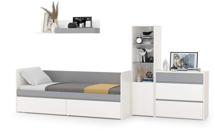 Торонто Компоновка № 22, цвет белый шагрень/стальной серый, ШхГхВ 314х84,4х149,7 см., сп. м. 800х1900 мм., б/м, основание есть, универсальная сборка