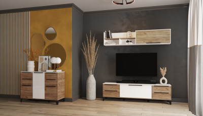 Малави Модульная Гостиная, композиция 2, Дуб крафт табачный/Белый глянец