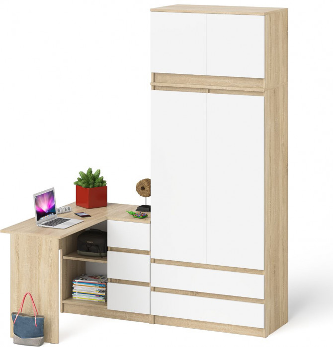 Мори компьютерный стол МС-16 правый + Шкаф МШ900.1 + Антресоль МА900.1, дуб сонома/белый