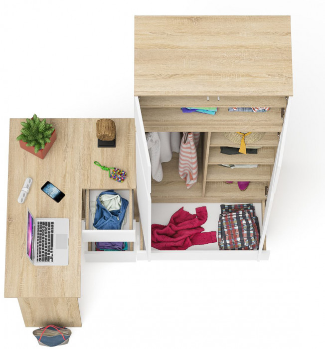 Мори компьютерный стол МС-16 правый + Шкаф МШ900.1 + Антресоль МА900.1, дуб сонома/белый