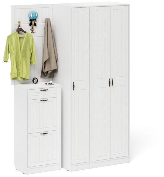 Прихожая П-6 Компоновка № 50, белая шагрень/фасады МДФ белое дерево фрезеровка прованс