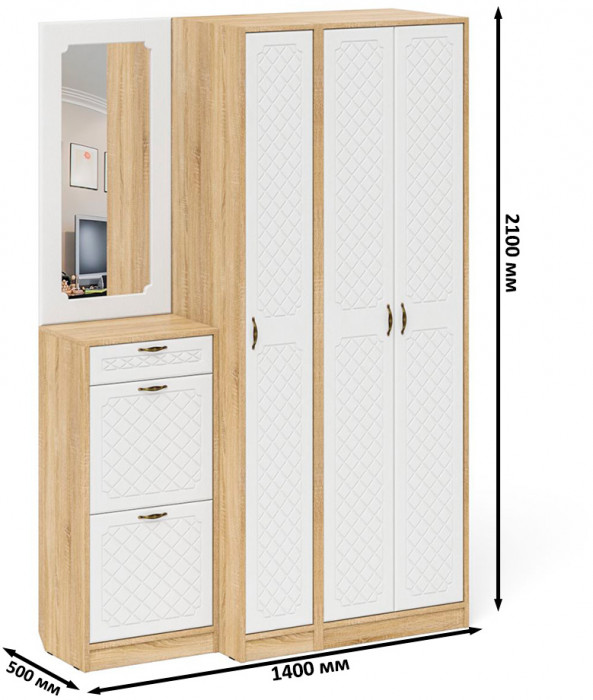 Прихожая П-6 Компоновка № 49, цвет дуб сонома/фасады МДФ белое дерево фрезеровка ромб, ШхГхВ 140х50х210 см., универсальная сборка
