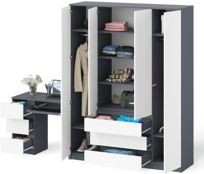 Мори Стол компьютерный МС-6 левый + Шкаф МШ1600.1, цвет графит/белый, ШхГхВ 250,4х50,4х209,6 см., выдвижные ящики слева, НЕ универсальная сборка