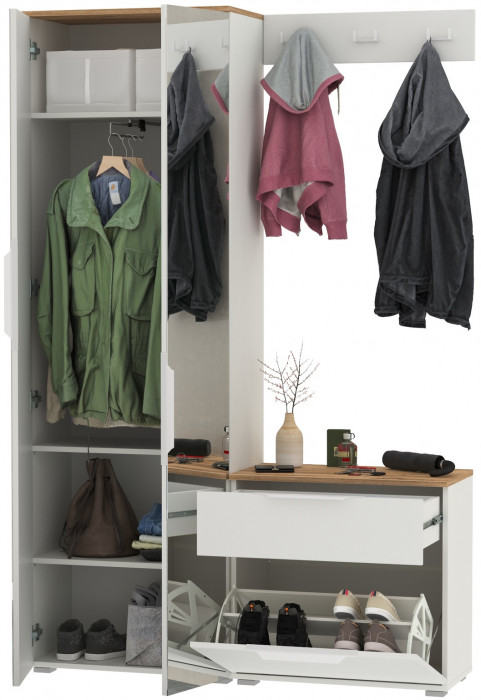 Октава Прихожая 11, цвет белый шагрень/дуб крафт золотой/фасады МДФ белый шагрень, ШхГхВ 129,3х35,4х197,6 см., универсальная сборка