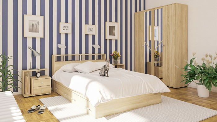 Камелия спальня № 8 Кровать с ящиками 1400 + Две тумбы + Шкаф 4-х створчатый, дуб сонома