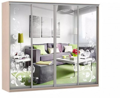 Шкаф купе Модерн 2362х600 4-х дверный 4-х секционный зеркальный с пескоструем №3 ясень