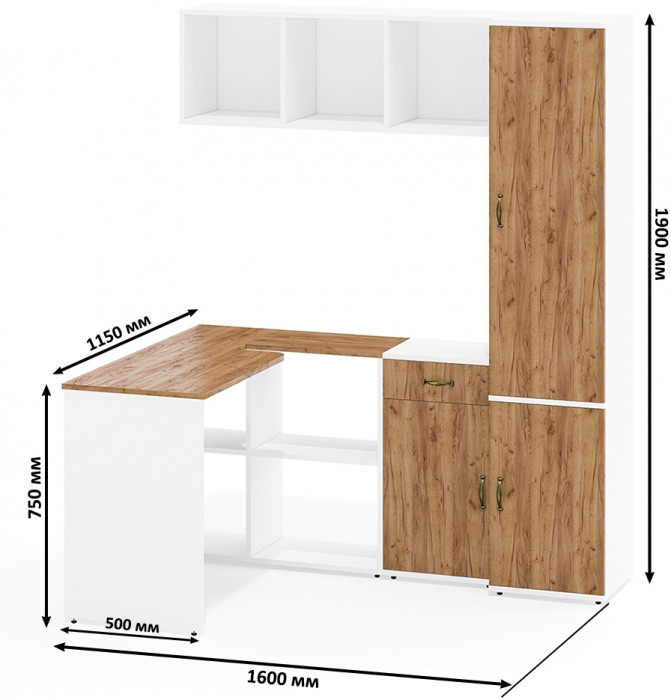 Лидер-8 Стол + Полка + Тумба МД 3.15 + Пенал МД 22Б, цвет белый шагрень/крафт золото, ШхГхВ 245х50/37,5х75/190 или 115х160/50х75/190 см., НЕ ун. сб.