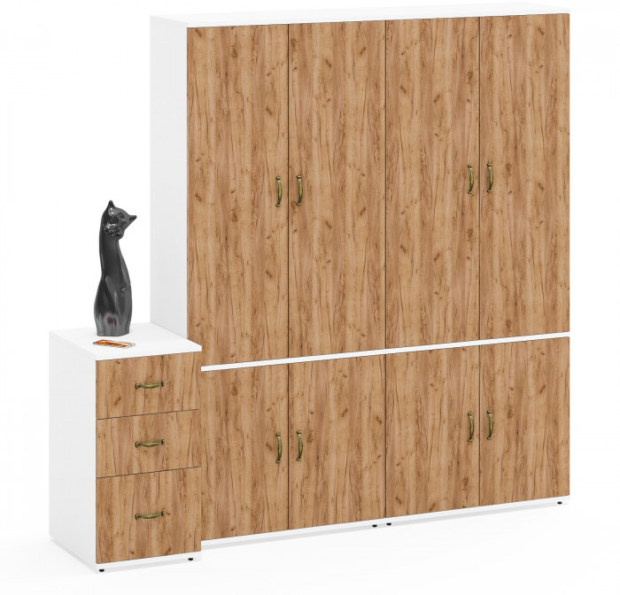 Лидер-8 Шкаф МД 20Б + Шкаф МД 20Б + Тумба МД 3.16, цвет белый шагрень/крафт золото, ШхГхВ 200х50х190 см., НЕ универсальная сборка