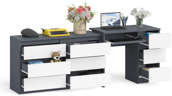 Мори Стол компьютерный МС-6 правый + Комод МК1200.6, цвет графит/белый, ШхГхВ 210,4х50х76,6 см., выдвижные ящики справа, НЕ универсальная сборка
