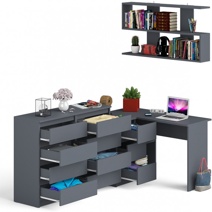 Мори компьютерный стол МС-16 левый + Комод МК1200.8 + Полка 1200, графит