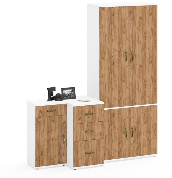 Лидер-8 Шкаф МД 20Б + Тумба МД 3.15 + Тумба МД 3.16, цвет белый шагрень/крафт золото, ШхГхВ 160х50х190 см., НЕ универсальная сборка