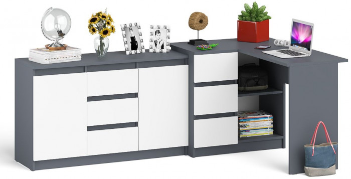 Мори компьютерный стол МС-16 левый + Комод МК1200.3, графит/белый