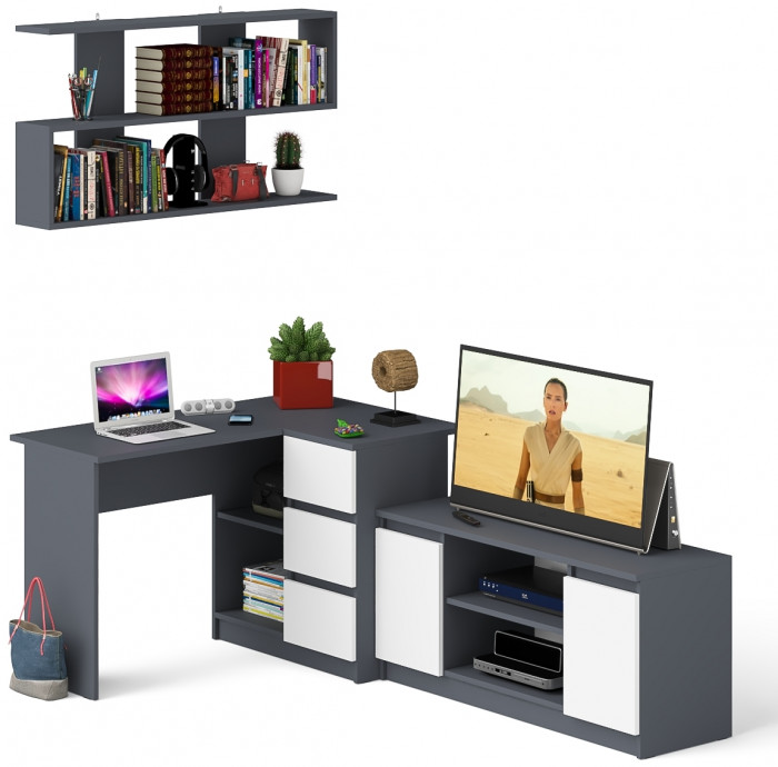 Мори компьютерный стол МС-16 правый + Тумба МТВ1200.1 + Полка 1200, графит/белый