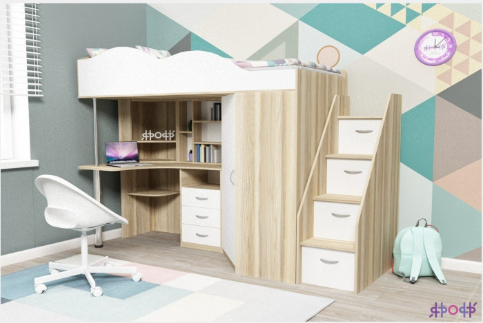 Кровать-чердак Пионер 1 (Дуб молочный/Ирис)