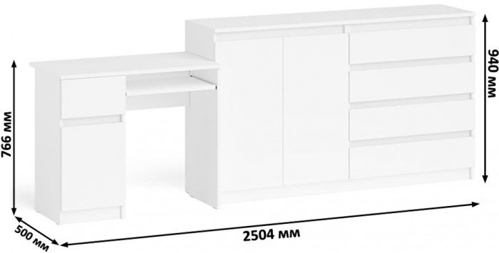 Мори Стол компьютерный МС-1 левый + Комод МК1600.1, цвет белый, ШхГхВ 250,4х50х94 см., выдвижной ящик слева, НЕ универсальная сборка