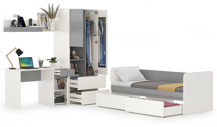 Торонто Компоновка № 25, цвет белый шагрень/стальной серый, сп. м. 800х1900 мм., б/м, основание есть, универсальная сборка