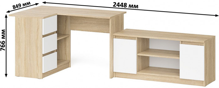 Мори Стол компьютерный МС-16 левый + Тумба МТВ1200.1, цвет дуб сонома/белый, ШхГхВ 244,8х84,9х76,6 см., выдвижные ящики слев, НЕ универсальная сборкаа