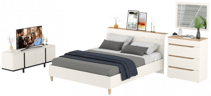 Муссон Кровать 11.41 + ортопед + 13.97 + Зеркало СВК + Тумба ТВ 13.276, цвет белый/чёрный/дуб эндгрейн элегантный, сп. м. 1600х2000 мм., б/м