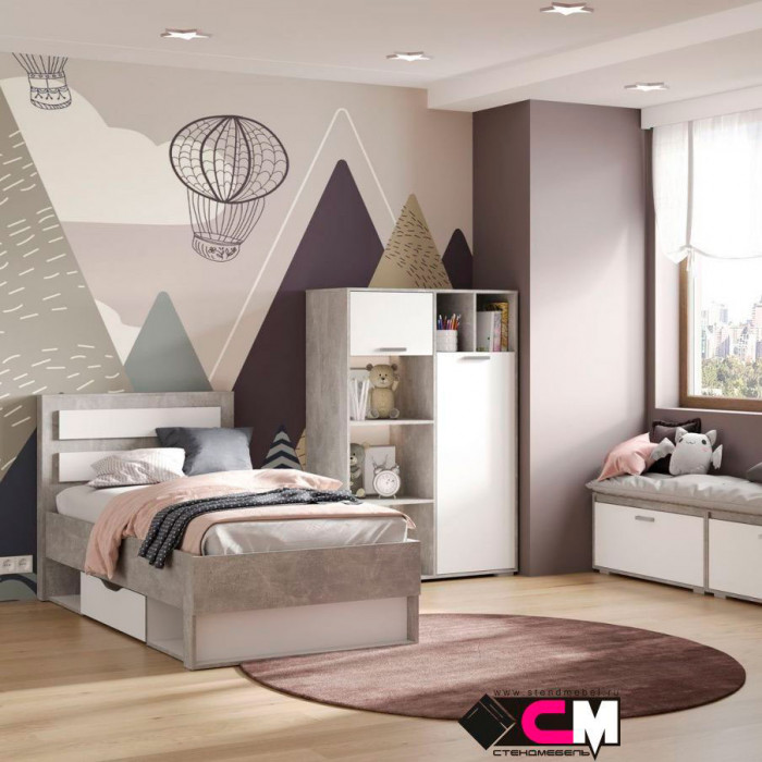 Денвер КР-01 Кровать 0,9х2,0 (970х986х2110) ателье светлый/белый