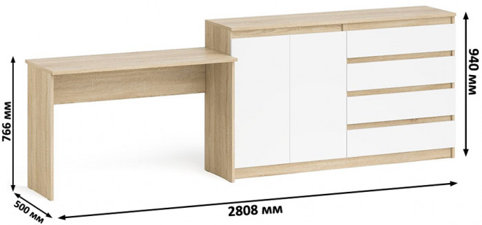 Мори письменный стол МСП1200.1 + Комод МК1600.1, дуб сонома/белый