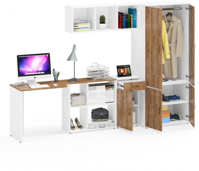 Лидер-8 Стол + Полка + Тумба МД 3.15 + Шкаф МД 19Б, цвет белый шагрень/крафт золото, ШхГхВ 285х50/37,5х75/190 или 115х200/50х75/190 см., НЕ ун. сб.