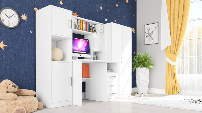 Стол компьютерный С-МД-СК9+Пенал С-МД-СК9П+Шкаф С-МД-СК9Ш, цвет белый шагрень, ШхГхВ 215х70х160 см., НЕ универсальная сборка