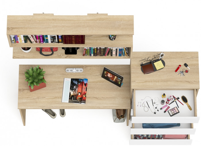 Мори письменный стол МСП1200.1 + Комод МК700.5 + Полка 1200, дуб сонома/белый