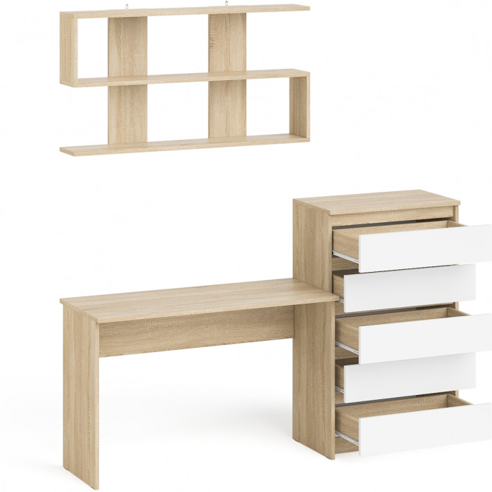 Мори письменный стол МСП1200.1 + Комод МК700.5 + Полка 1200, дуб сонома/белый