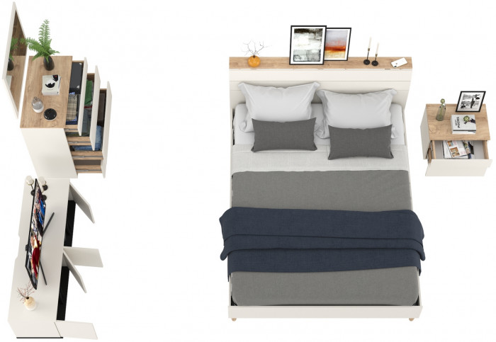 Муссон Кровать 11.41 + ортопед + 16.03 + 13.97 + Зеркало СВК + Тумба ТВ 13.276, цвет белый/чёрный/дуб эндгрейн элегантный, сп. м. 1600х2000 мм., б/м