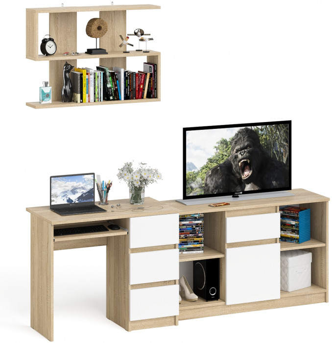 Мори компьютерный стол МС-6 правый + Тумба МТВ1204.1 + Полка 900, дуб сонома/белый