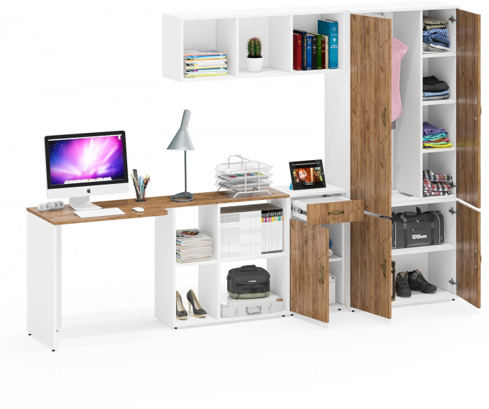 Лидер-8 Стол + Полка + Тумба МД 3.15 + Шкаф МД 20Б, цвет белый шагрень/крафт золото, ШхГхВ 285х50/37,5х75/190 или 115х200/50х75/190 см., НЕ ун. сб.