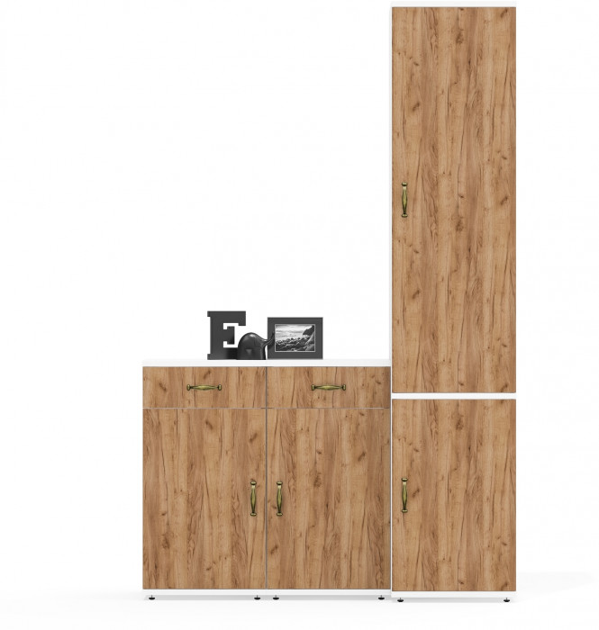 Лидер-8 Пенал МД 22Б + Тумба МД 3.15 + Тумба МД 3.15, цвет белый шагрень/крафт золото, ШхГхВ 120х37,5х190 см., универсальная сборка