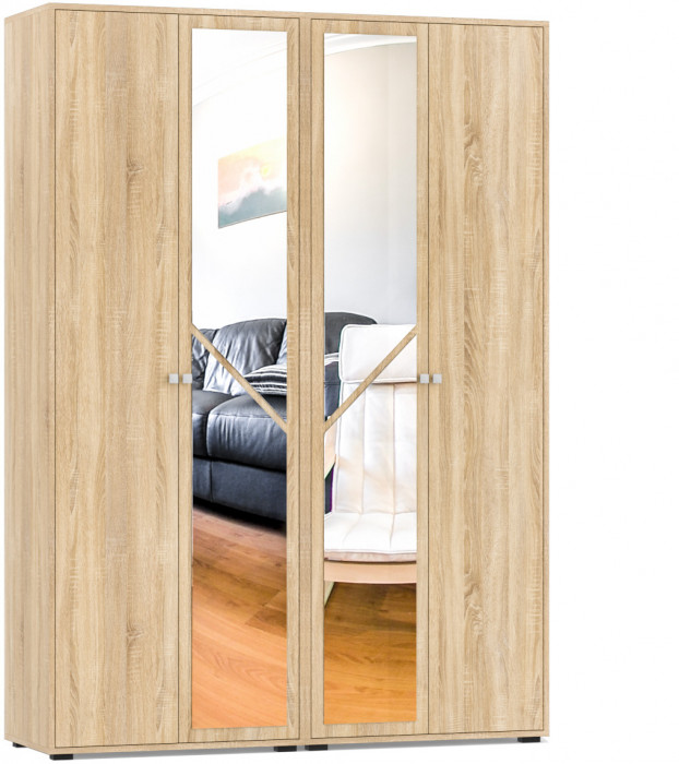 Камелия спальня № 8 Кровать с ящиками 1400 + Две тумбы + Шкаф 4-х створчатый, цвет дуб сонома, сп.м. 1400х2000 мм., б/м, основание есть