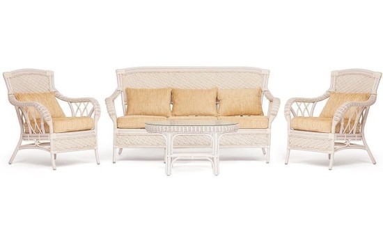 Комплект для отдыха "ANDREA" (диван + 2 кресла + журн. столик со стеклом + подушки), TCH White (белый)