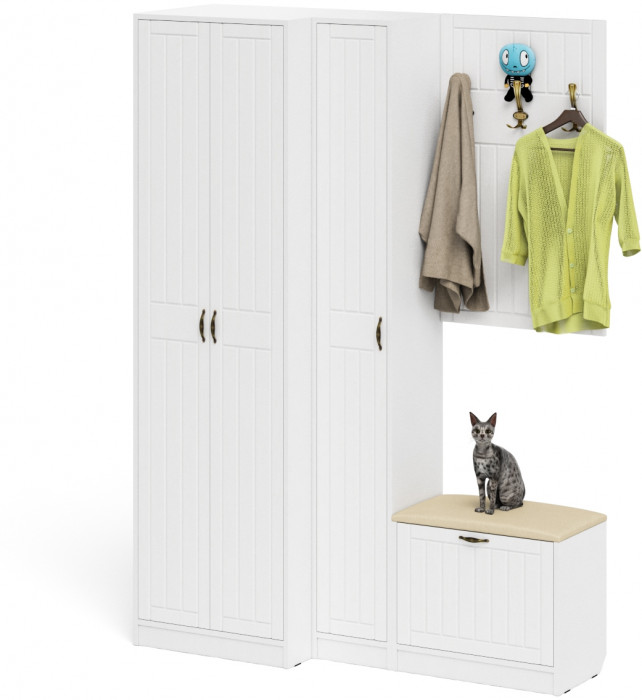 Прихожая П-6 Компоновка № 27, цвет белая шагрень/фасады МДФ белое дерево фрезеровка прованс, ШхГхВ 150х50х210 см., универсальная сборка