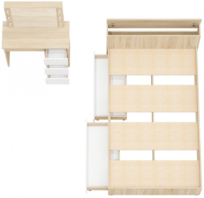 Ксения Кровать с ящиками 1200 + Стол косметический с подсветкой Сура, дуб сонома/белый